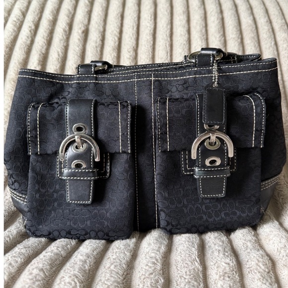 Coach Handbags - Coach Signature Soho Jacquard Satchel Black Leather Buckle Bag C05S-3646